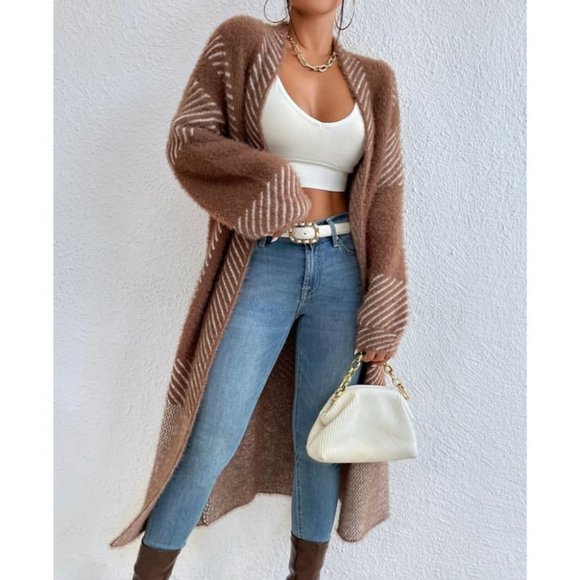 Open front striped print fuzzy sweater knit duster cardigan brown - Picture 5 of 6